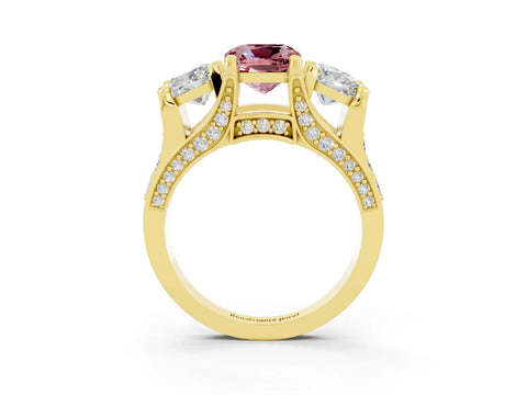 Yellow gold Cushion Cut Morganite Three-Stone Ring with Channel Set Band and Four-Prong Setting_3