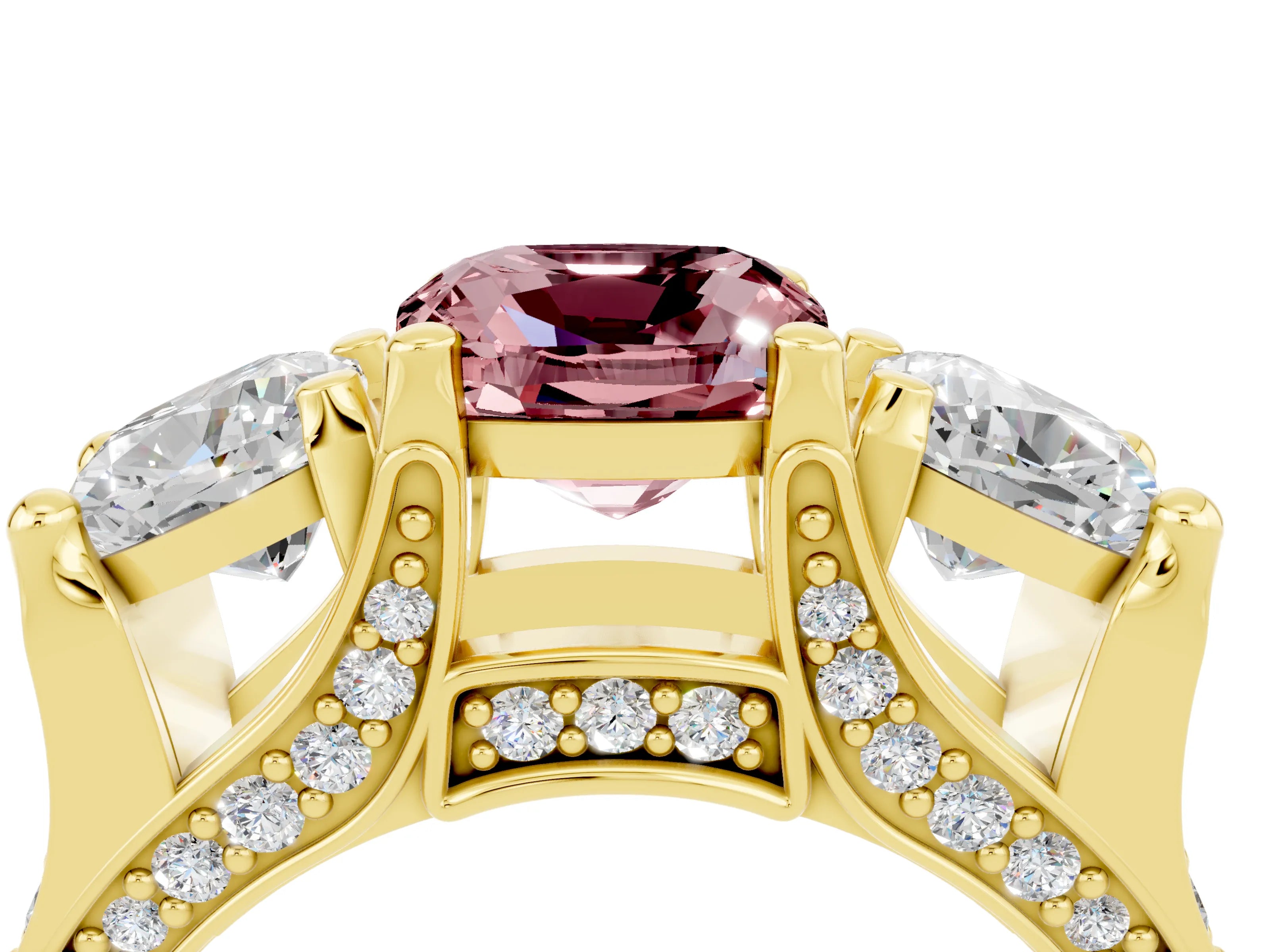 Yellow gold Cushion Cut Morganite Three-Stone Ring with Channel Set Band and Four-Prong Setting_4