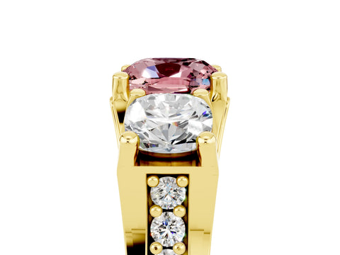 Yellow gold Cushion Cut Morganite Three-Stone Ring with Channel Set Band and Four-Prong Setting_5