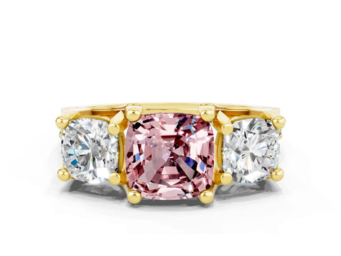Yellow gold Cushion Cut Morganite Three-Stone Ring with Channel Set Band and Four-Prong Setting