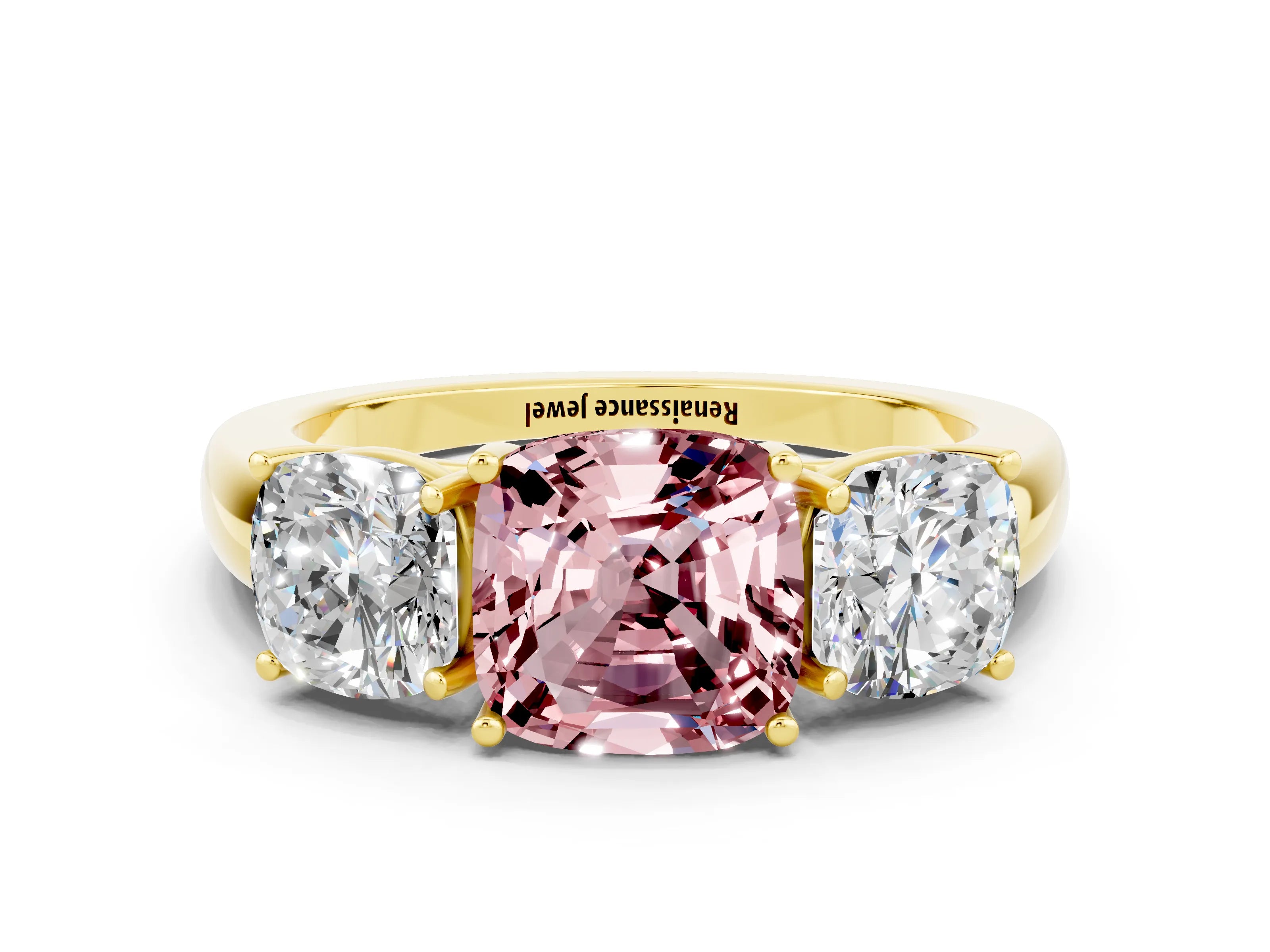 Yellow gold Cushion Cut Morganite Three-Stone Ring with Four-Prong Setting and Classic Band