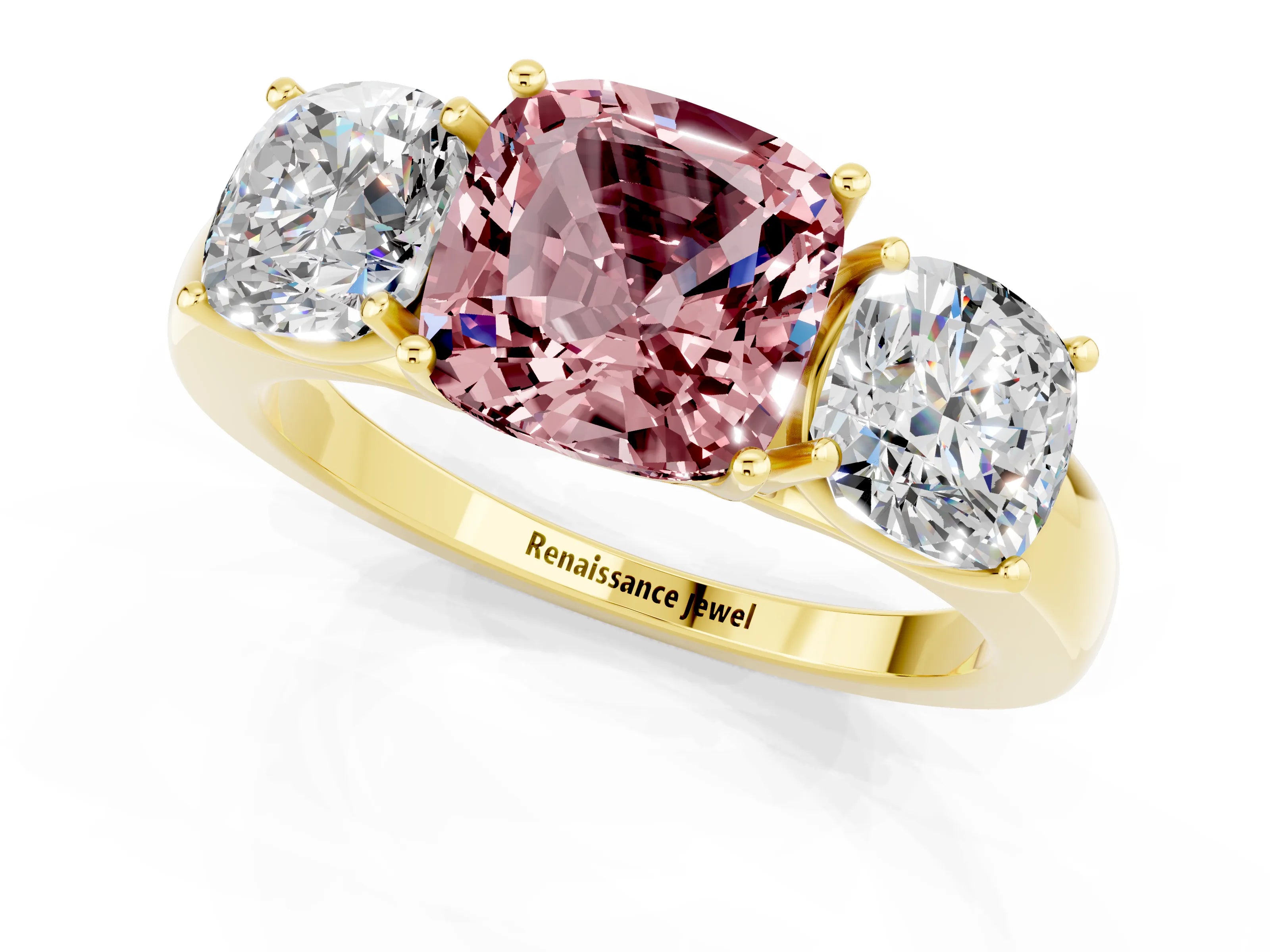 Yellow gold Cushion Cut Morganite Three-Stone Ring with Four-Prong Setting and Classic Band_1