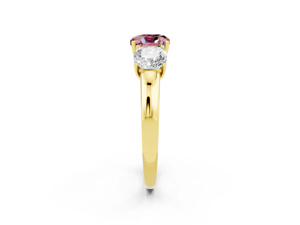 Yellow gold Cushion Cut Morganite Three-Stone Ring with Four-Prong Setting and Classic Band