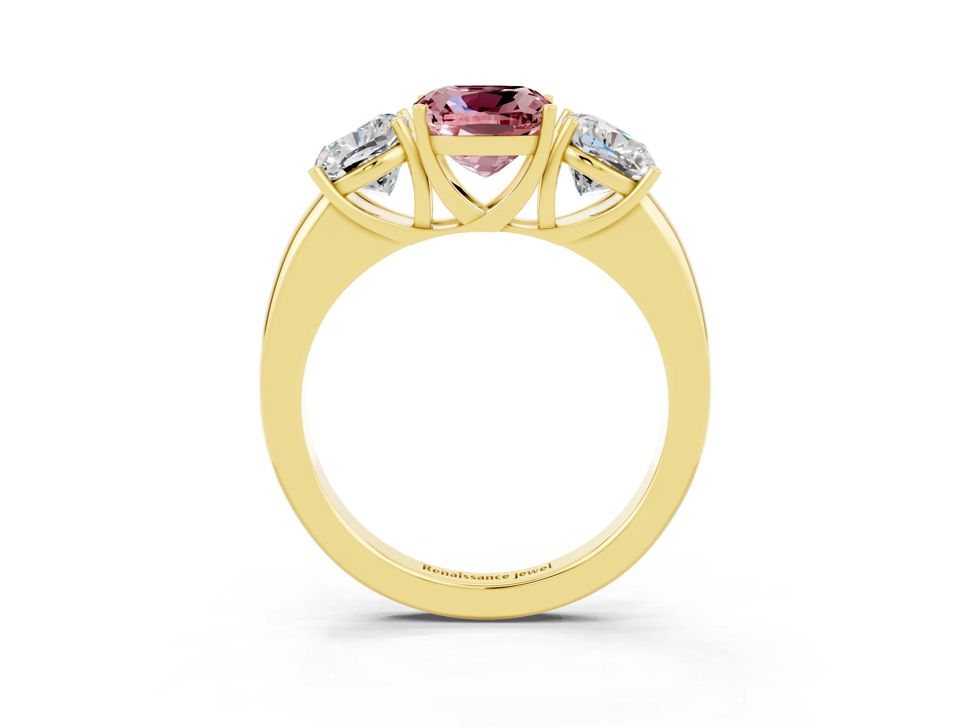 Yellow gold Cushion Cut Morganite Three-Stone Ring with Four-Prong Setting and Classic Band_3