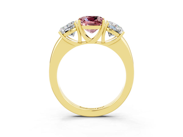 Yellow gold Cushion Cut Morganite Three-Stone Ring with Four-Prong Setting and Classic Band