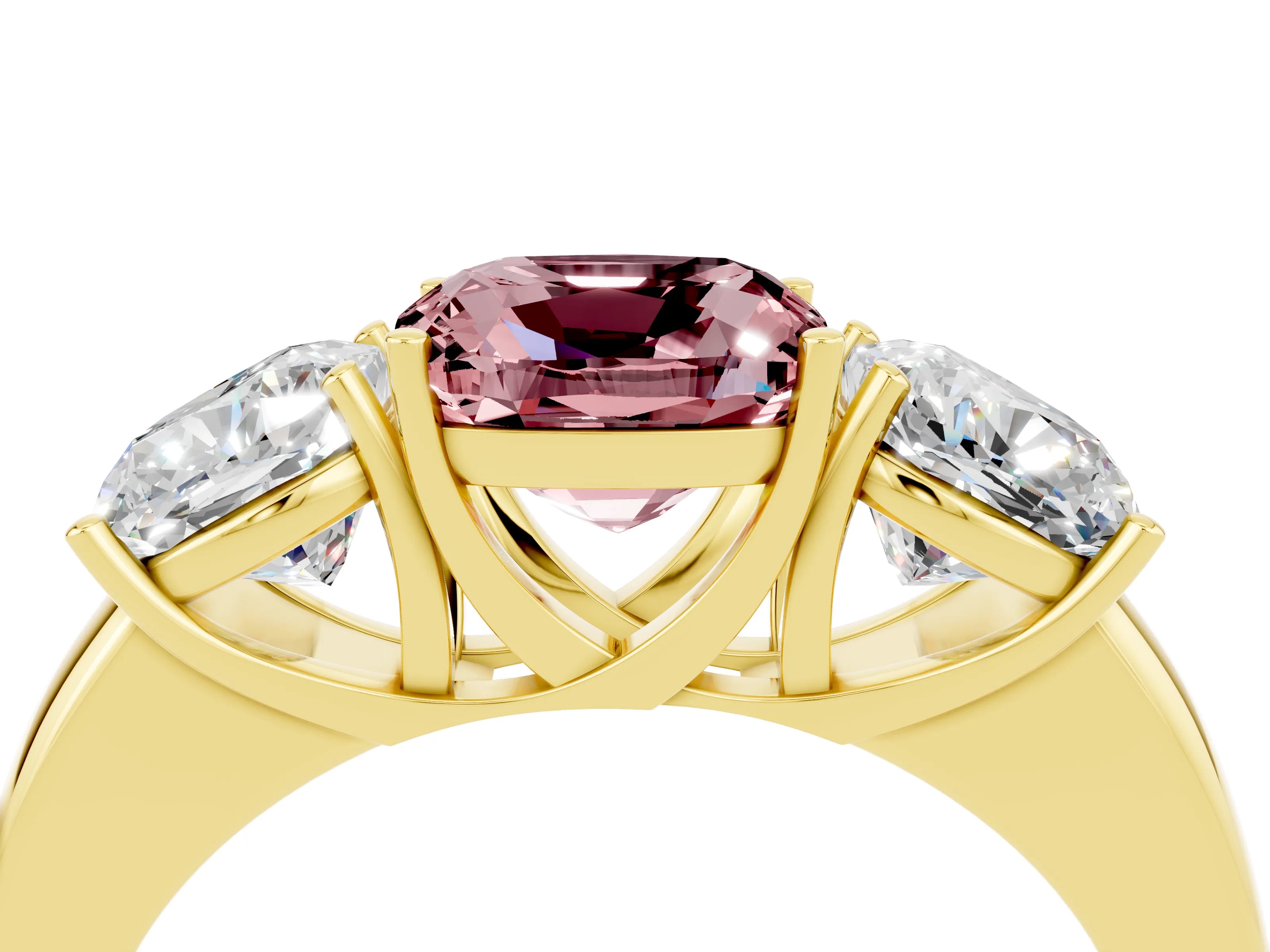 Yellow gold Cushion Cut Morganite Three-Stone Ring with Four-Prong Setting and Classic Band_4