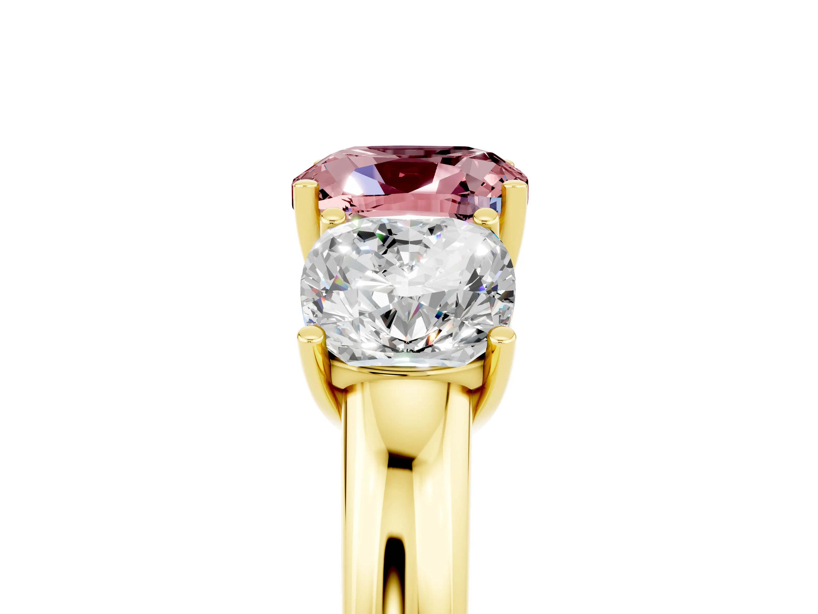 Yellow gold Cushion Cut Morganite Three-Stone Ring with Four-Prong Setting and Classic Band_5