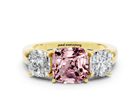 Yellow gold Cushion Cut Morganite Three-Stone Ring with Four-Prong Setting and Classic Band