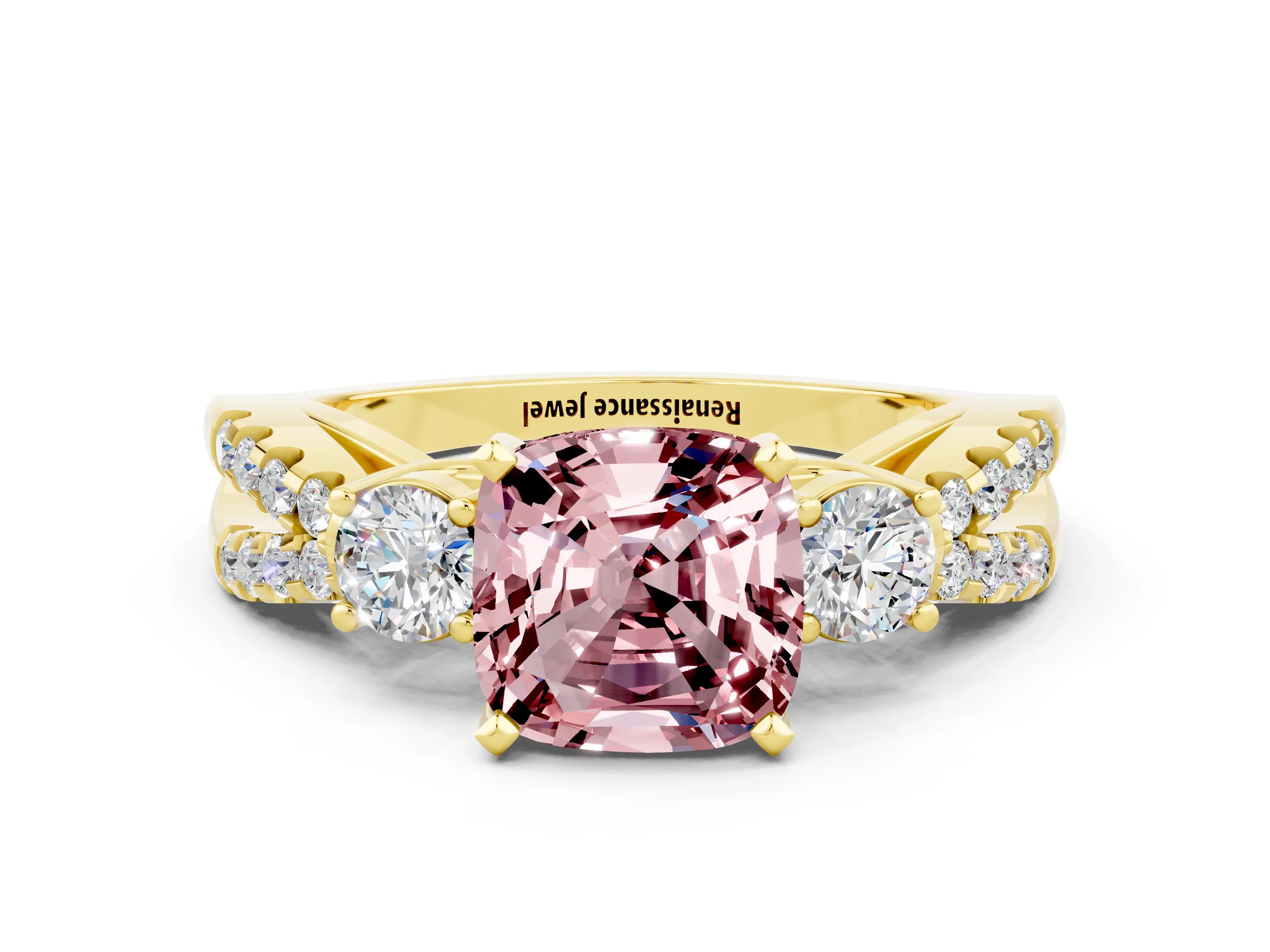 Yellow gold Cushion Cut Morganite Three-Stone Ring with Pavé Split Shank and Four-Prong Setting_12