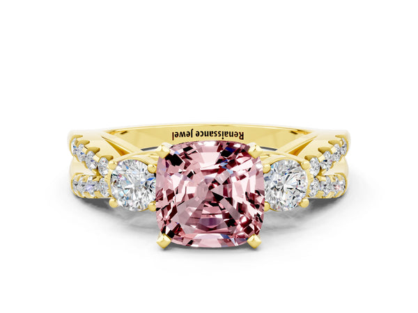 Yellow gold Cushion Cut Morganite Three-Stone Ring with Pavé Split Shank and Four-Prong Setting