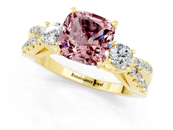 Yellow gold Cushion Cut Morganite Three-Stone Ring with Pavé Split Shank and Four-Prong Setting