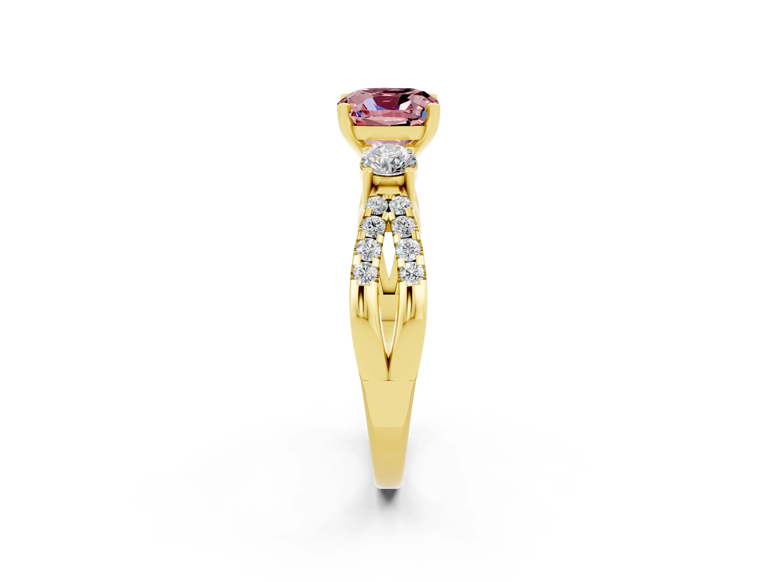 Yellow gold Cushion Cut Morganite Three-Stone Ring with Pavé Split Shank and Four-Prong Setting_14