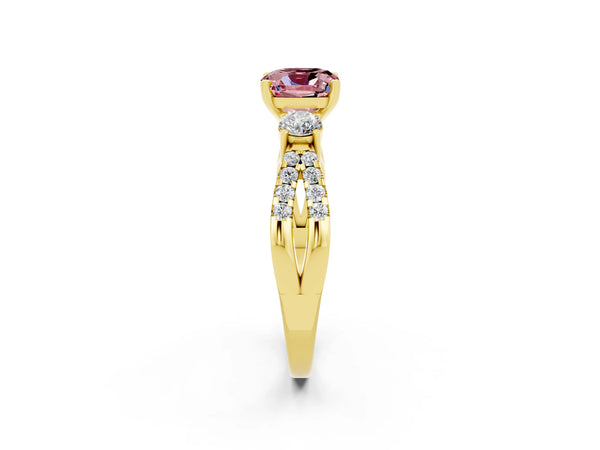 Yellow gold Cushion Cut Morganite Three-Stone Ring with Pavé Split Shank and Four-Prong Setting