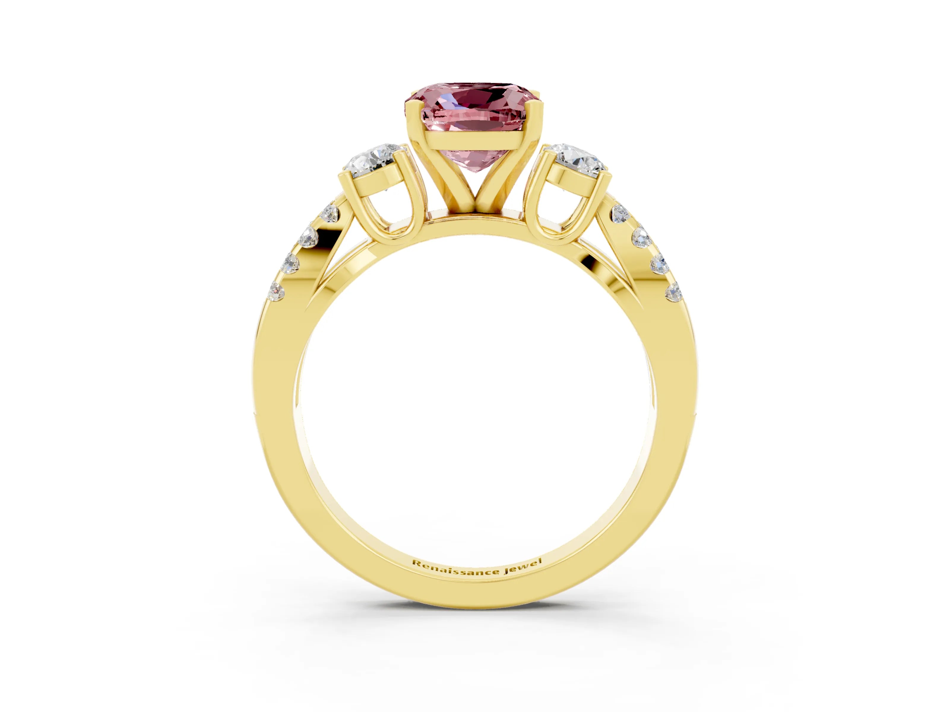 Yellow gold Cushion Cut Morganite Three-Stone Ring with Pavé Split Shank and Four-Prong Setting_15