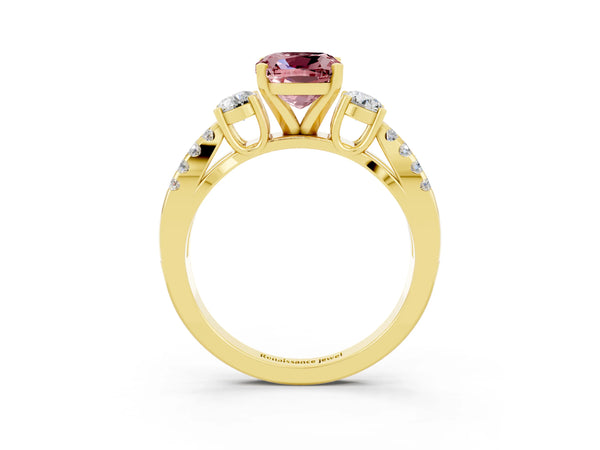 Yellow gold Cushion Cut Morganite Three-Stone Ring with Pavé Split Shank and Four-Prong Setting