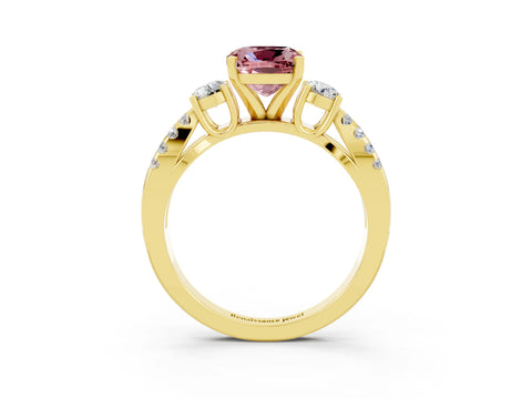 Yellow gold Cushion Cut Morganite Three-Stone Ring with Pavé Split Shank and Four-Prong Setting_15