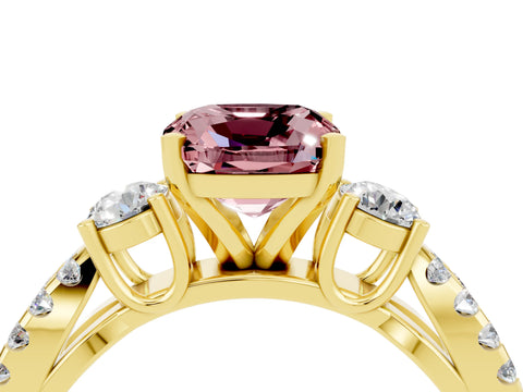 Yellow gold Cushion Cut Morganite Three-Stone Ring with Pavé Split Shank and Four-Prong Setting_16