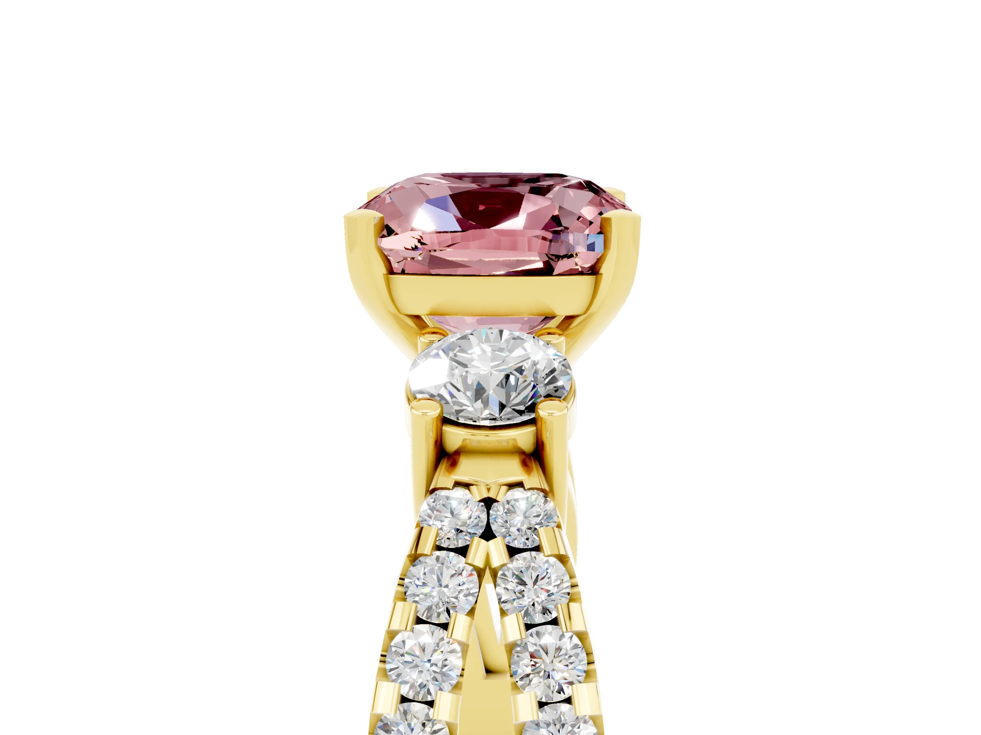 Yellow gold Cushion Cut Morganite Three-Stone Ring with Pavé Split Shank and Four-Prong Setting_17