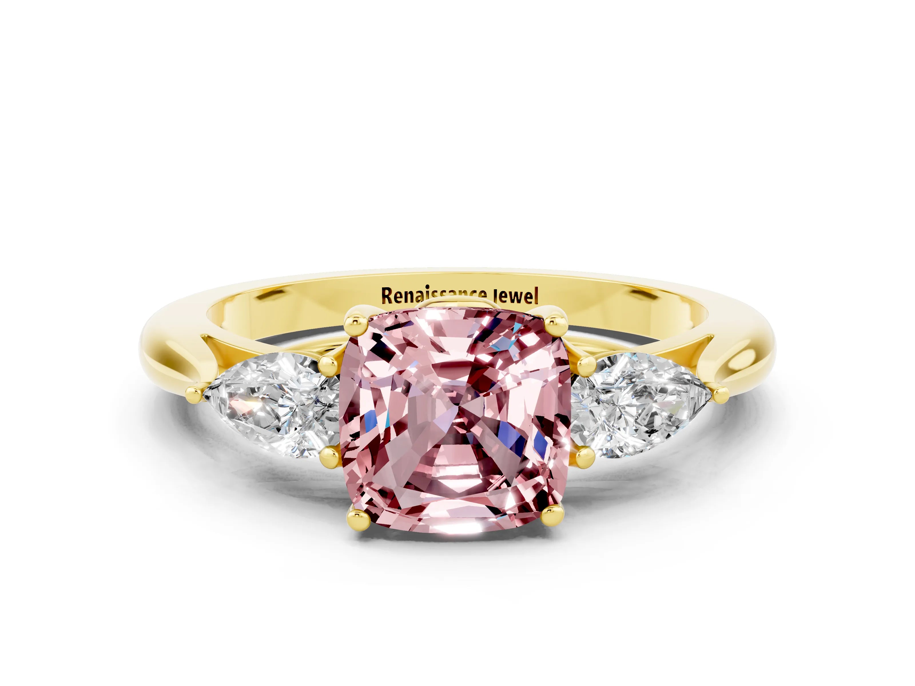 Yellow gold Cushion Cut Morganite Three-Stone Ring with Pear Side Stones and Four-Prong Setting_12