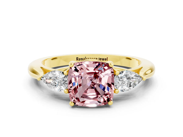 Yellow gold Cushion Cut Morganite Three-Stone Ring with Pear  Side Stones and Prong Setting
