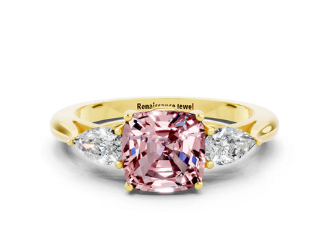 Yellow gold Cushion Cut Morganite Three-Stone Ring with Pear Side Stones and Four-Prong Setting_12