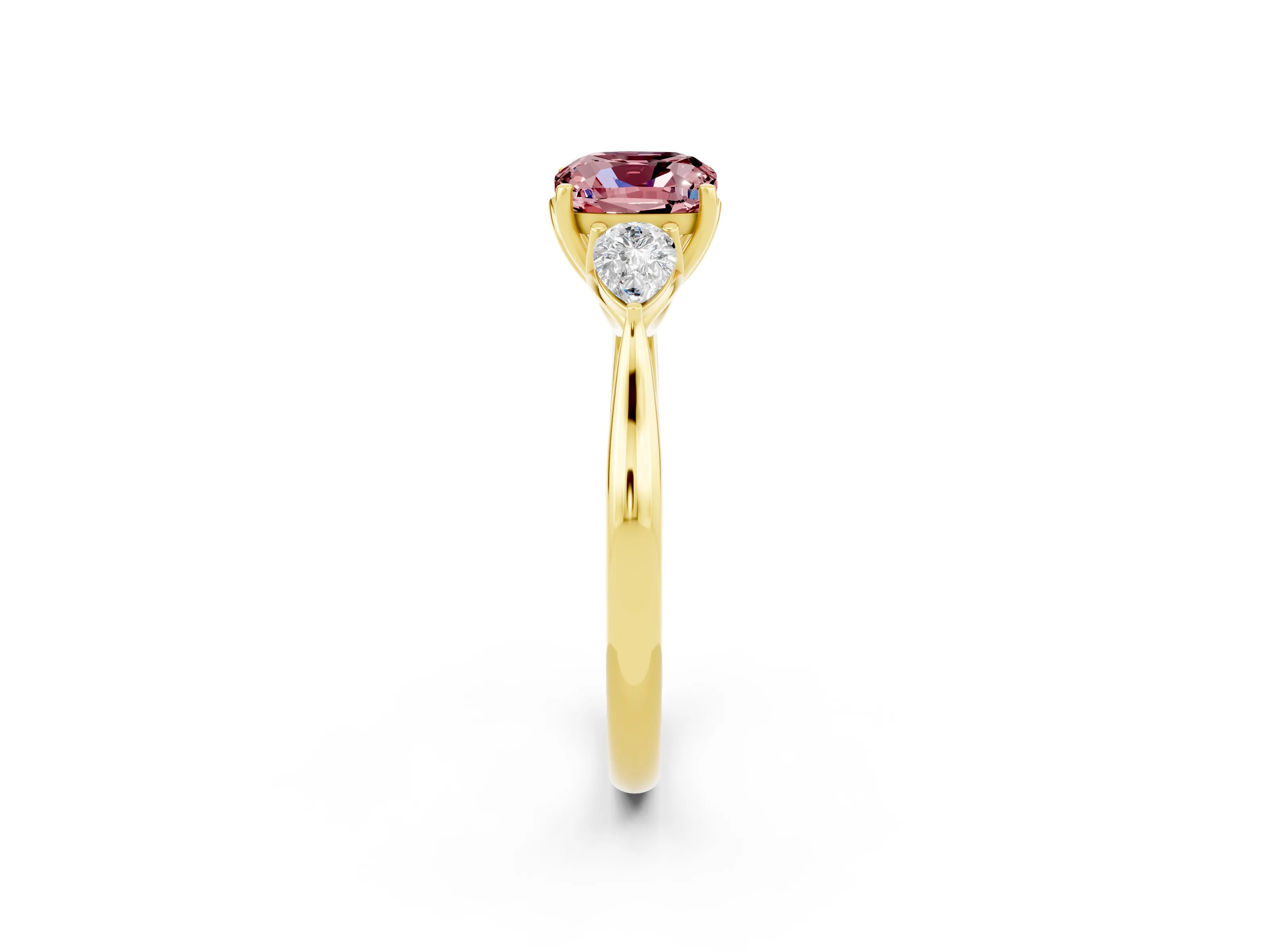 Yellow gold Cushion Cut Morganite Three-Stone Ring with Pear Side Stones and Four-Prong Setting_14