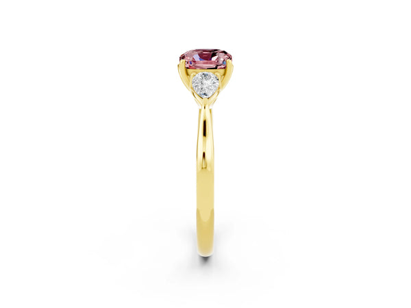 Yellow gold Cushion Cut Morganite Three-Stone Ring with Pear  Side Stones and Prong Setting