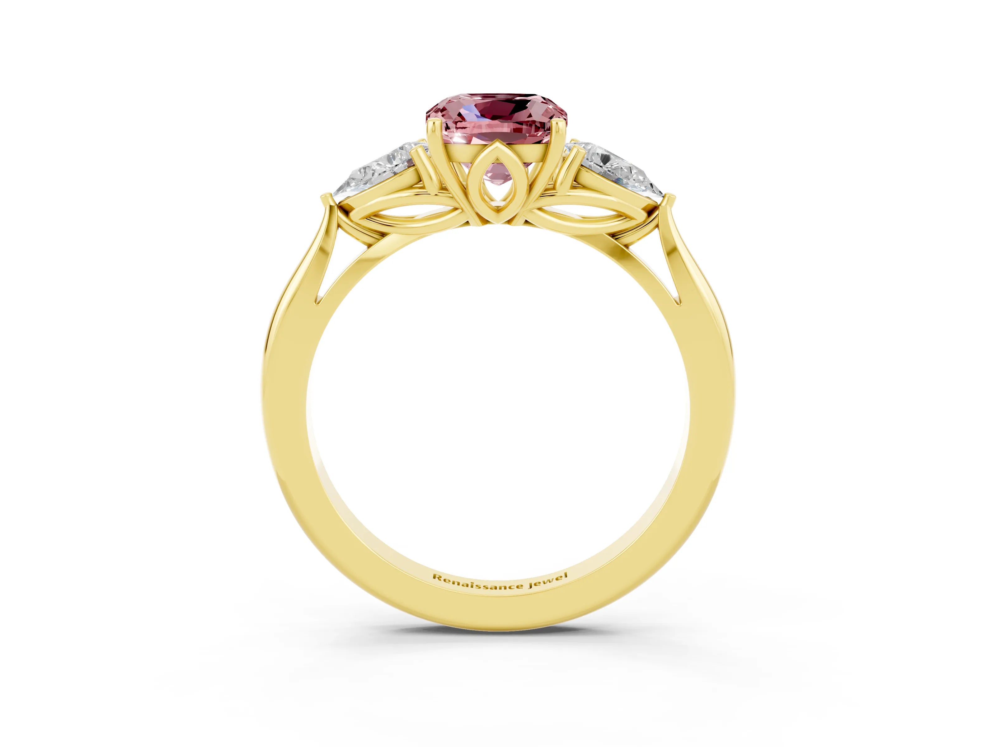 Yellow gold Cushion Cut Morganite Three-Stone Ring with Pear Side Stones and Four-Prong Setting_15