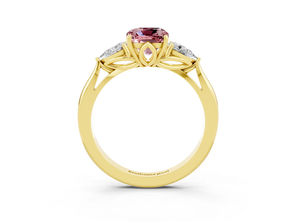 Yellow gold Cushion Cut Morganite Three-Stone Ring with Pear  Side Stones and Prong Setting