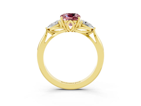 Yellow gold Cushion Cut Morganite Three-Stone Ring with Pear Side Stones and Four-Prong Setting_15