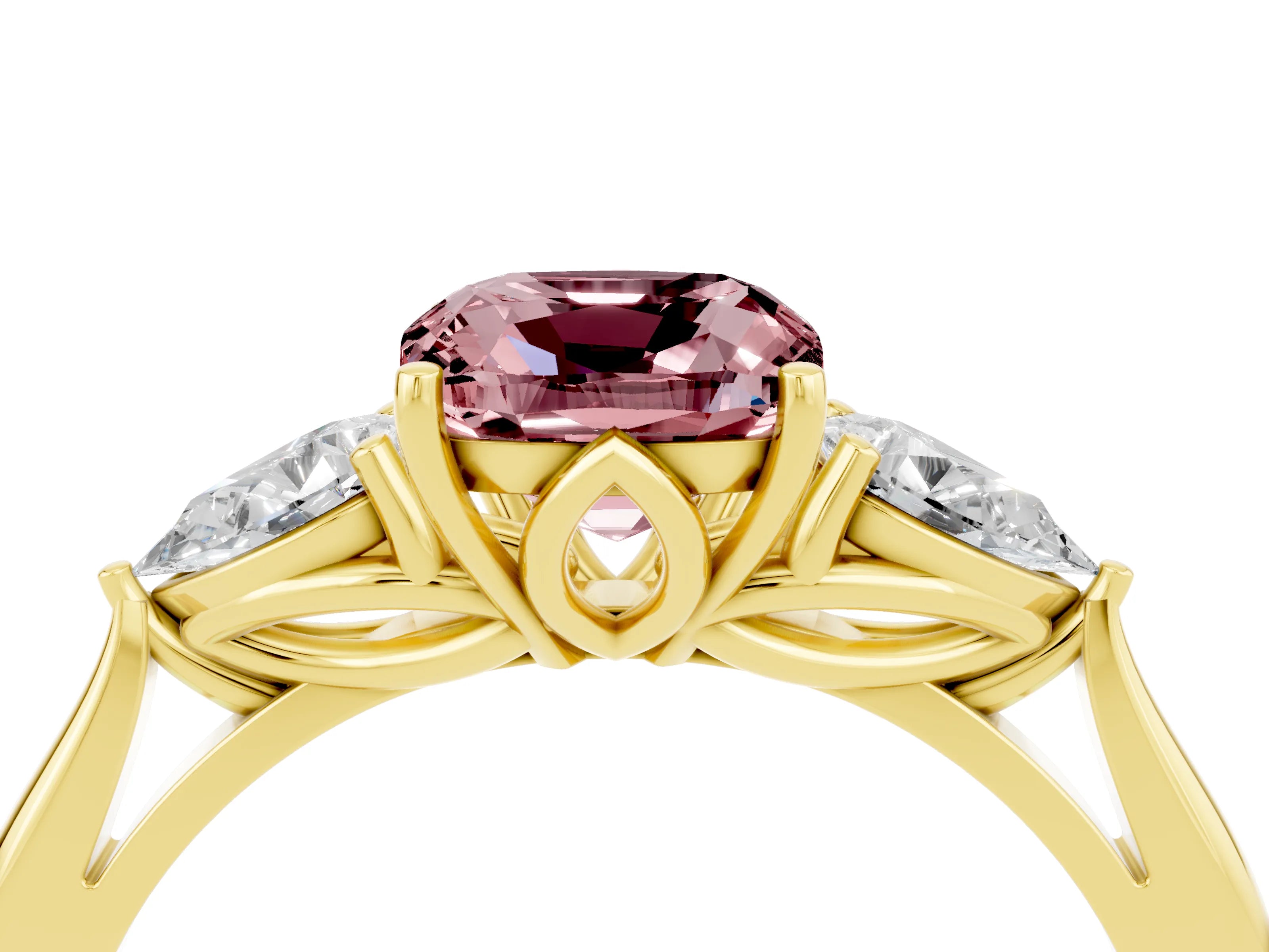 Yellow gold Cushion Cut Morganite Three-Stone Ring with Pear Side Stones and Four-Prong Setting_16