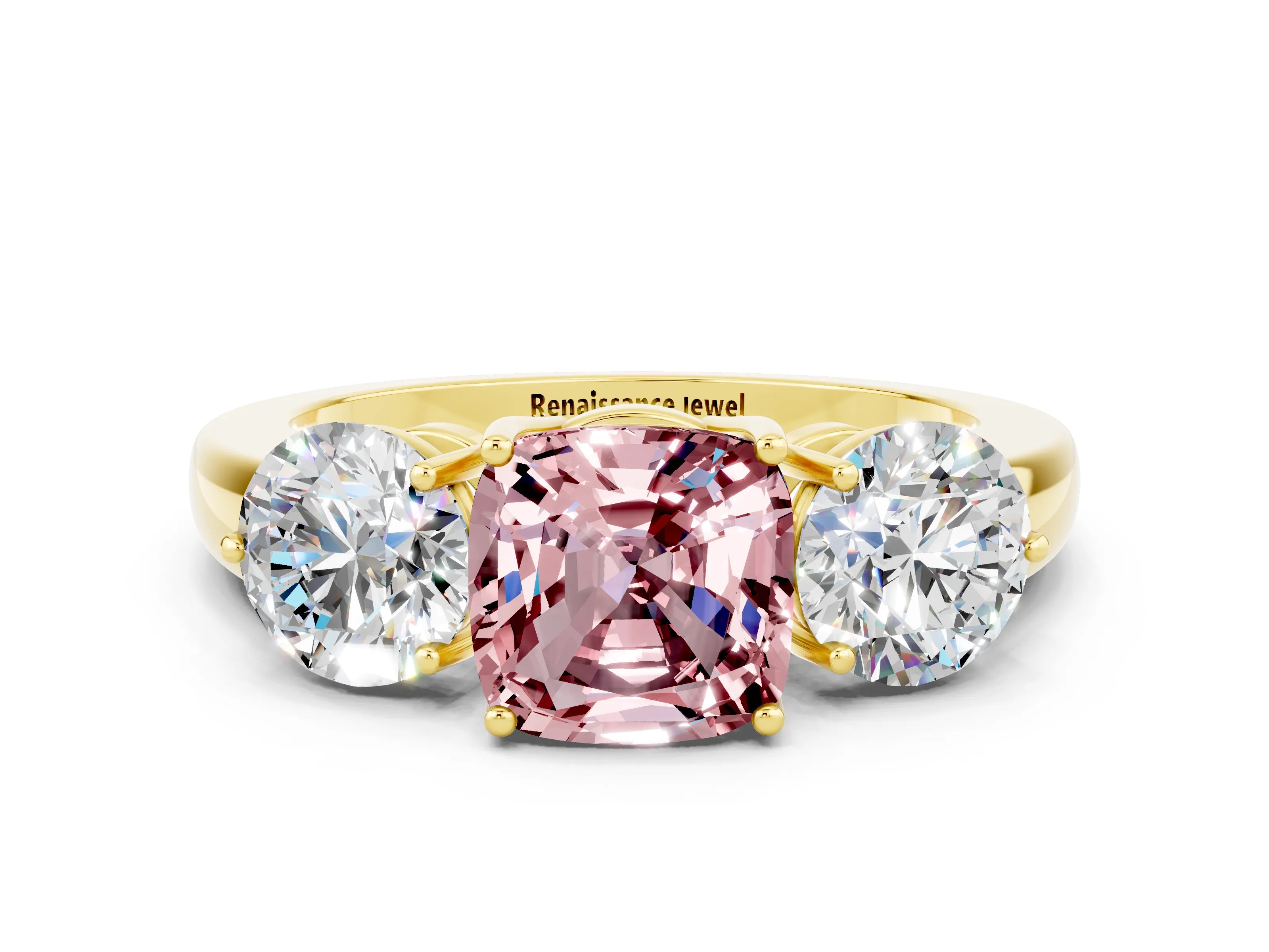 Yellow gold Cushion Cut Morganite Three-Stone Ring with Prong Setting and Classic Band
