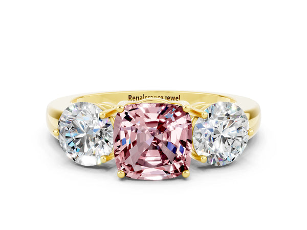 Yellow gold Cushion Cut Morganite Three-Stone Ring with Prong Setting and Classic Band