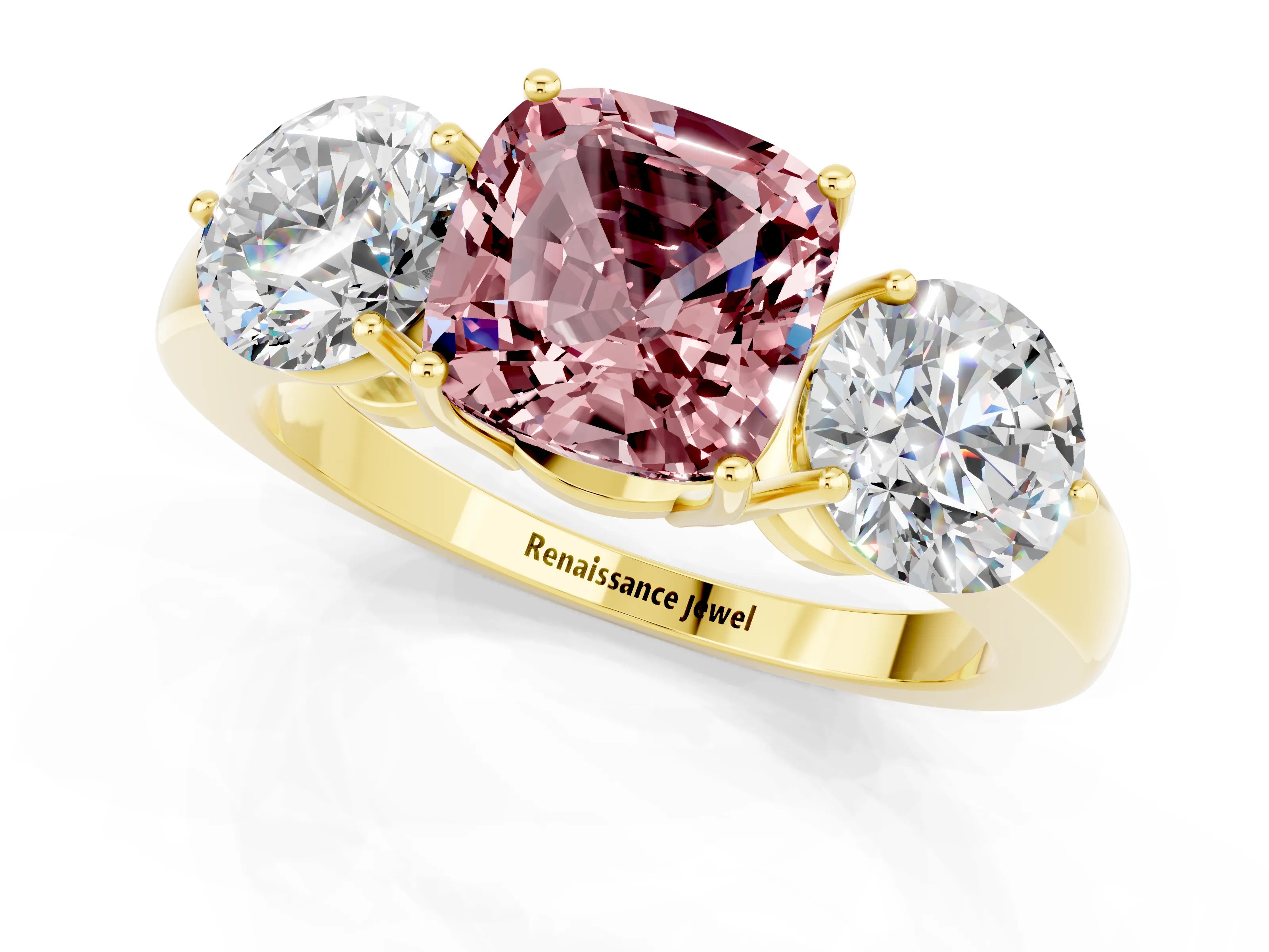 Yellow gold Cushion Cut Morganite Three-Stone Ring with Prong Setting and Classic Band_1