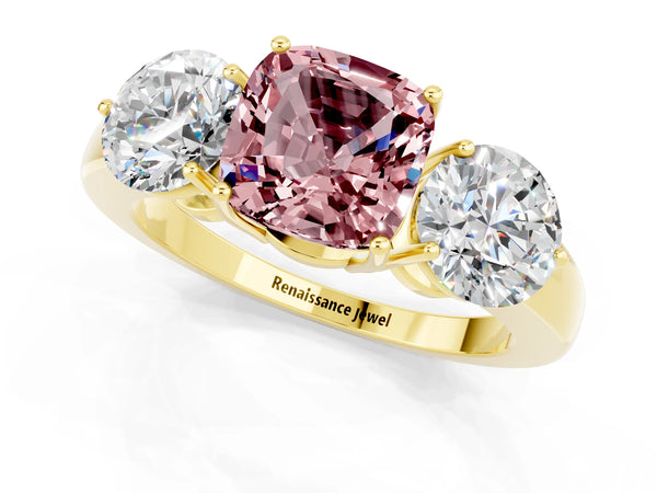 Yellow gold Cushion Cut Morganite Three-Stone Ring with Prong Setting and Classic Band