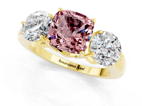 Yellow gold Cushion Cut Morganite Three-Stone Ring with Prong Setting and Classic Band_1