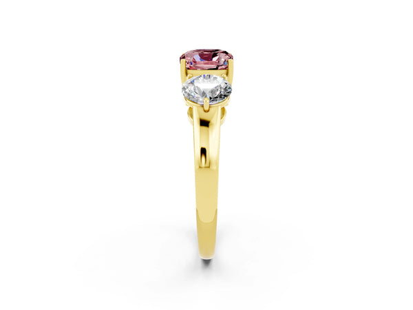Yellow gold Cushion Cut Morganite Three-Stone Ring with Prong Setting and Classic Band