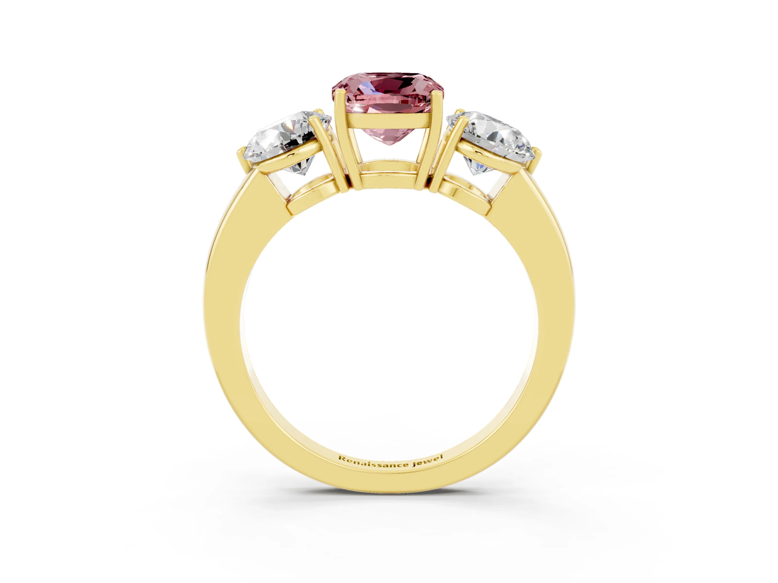 Yellow gold Cushion Cut Morganite Three-Stone Ring with Prong Setting and Classic Band_3