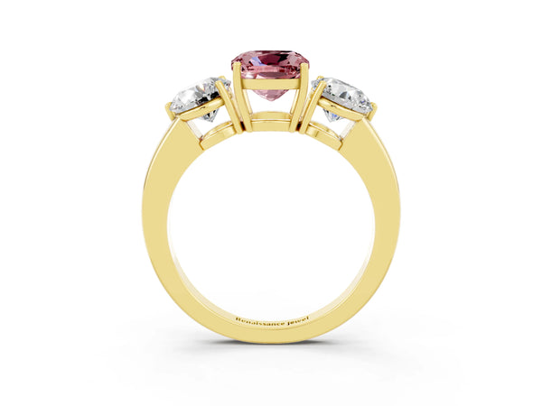Yellow gold Cushion Cut Morganite Three-Stone Ring with Prong Setting and Classic Band