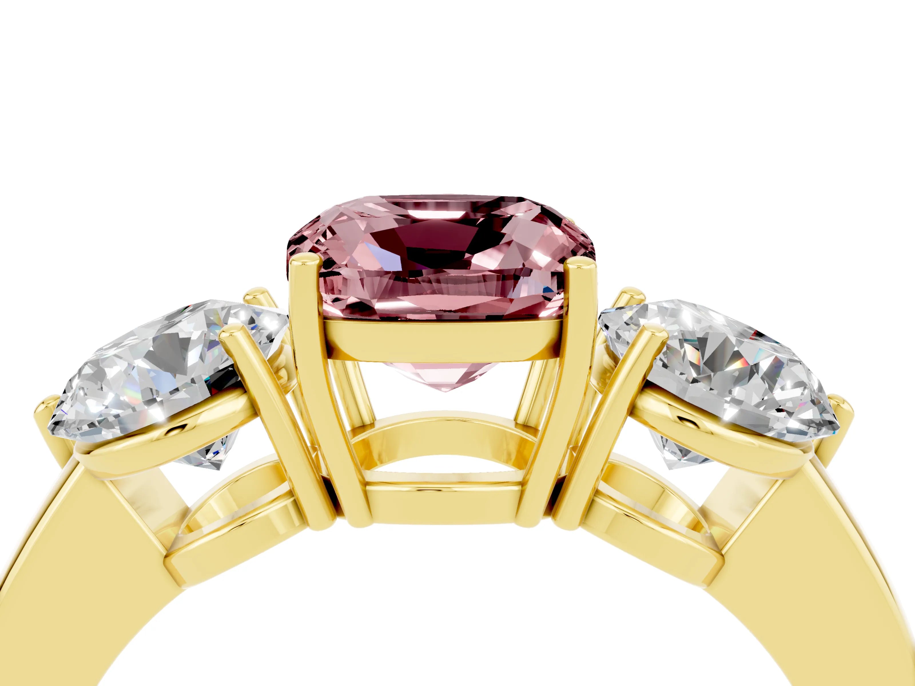 Yellow gold Cushion Cut Morganite Three-Stone Ring with Prong Setting and Classic Band_4