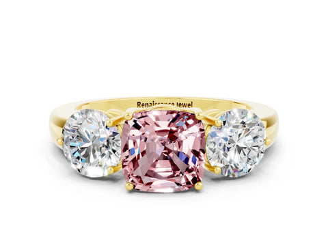 Yellow gold Cushion Cut Morganite Three-Stone Ring with Prong Setting and Classic Band