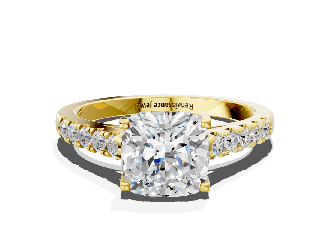 Yellow gold Cushion Cut Pavé Band Solitaire Ring with Four-Prong Setting_174
