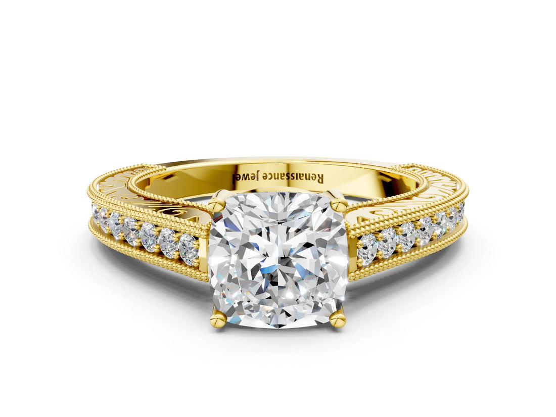 Yellow gold Cushion Cut Pave Band Milgrain Solitaire Ring_6