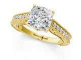 Yellow gold Cushion Cut Pave Band Milgrain Solitaire Ring_7