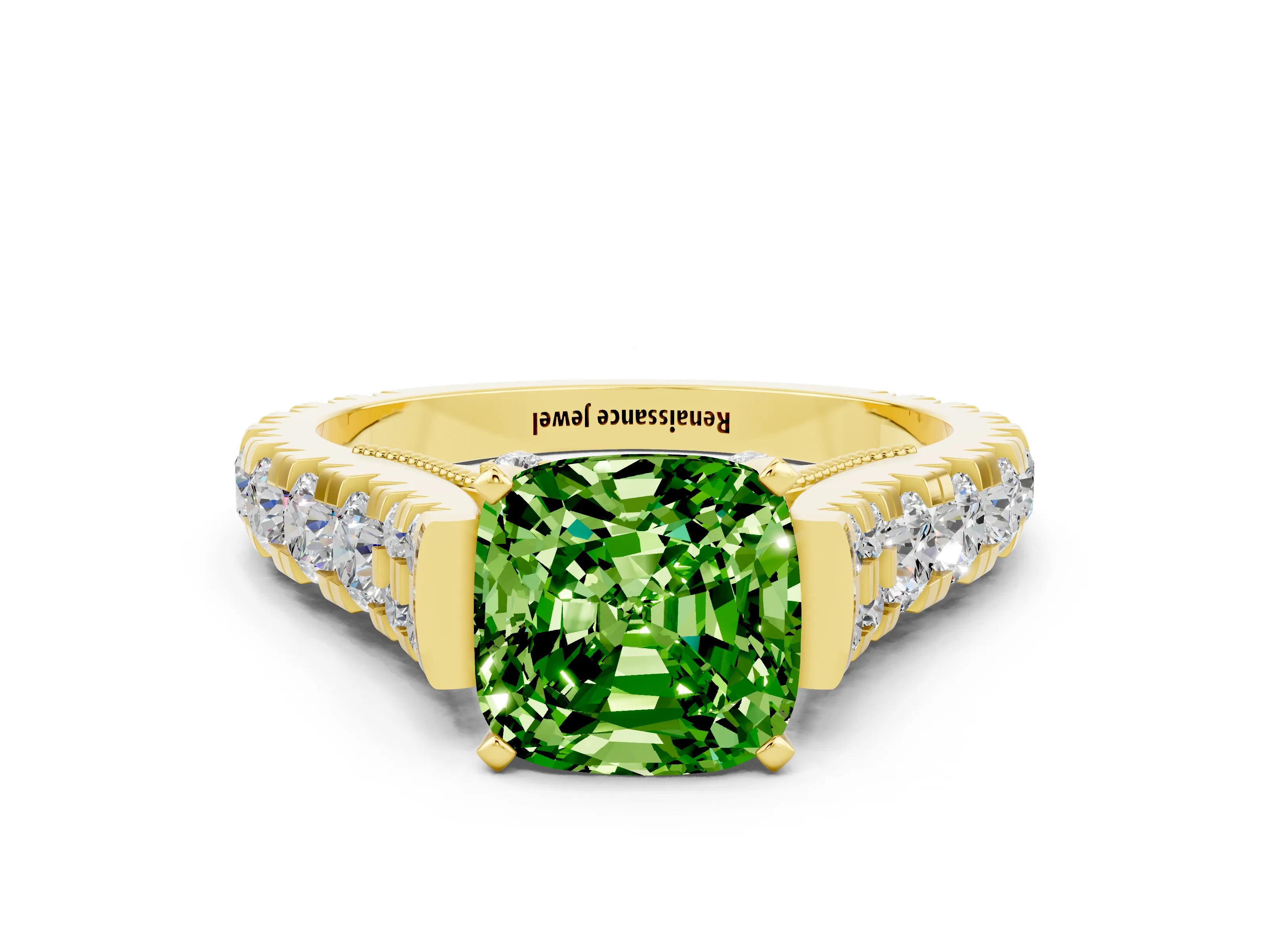 Yellow gold Cushion Cut Peridot Classic Solitaire Ring with Pavé Band and Four-Prong Setting