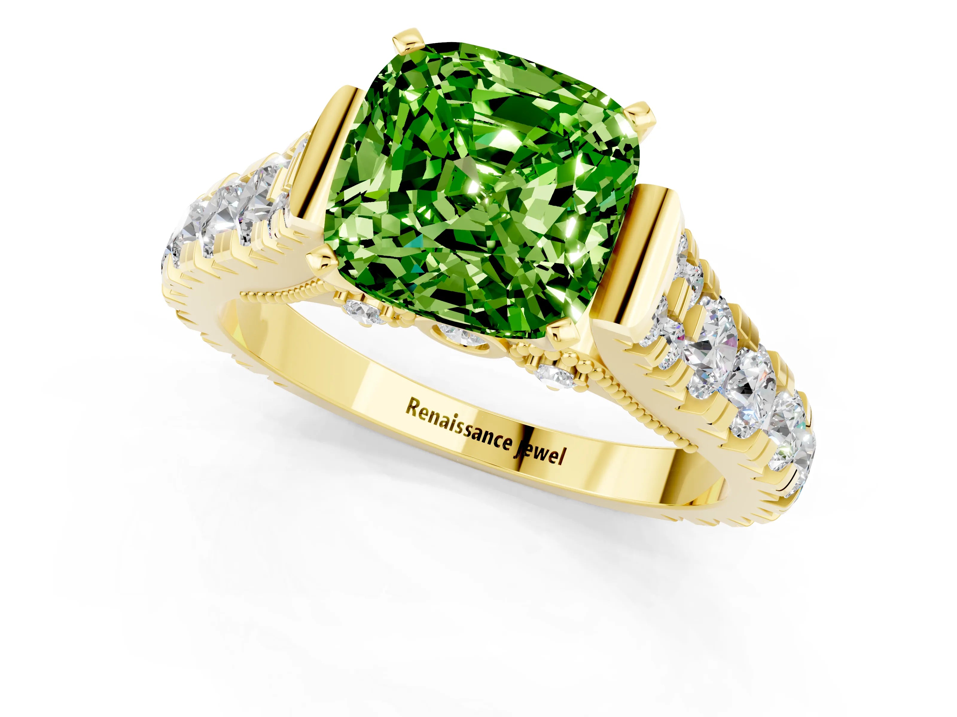 Yellow gold Cushion Cut Peridot Classic Solitaire Ring with Pavé Band and Four-Prong Setting_1