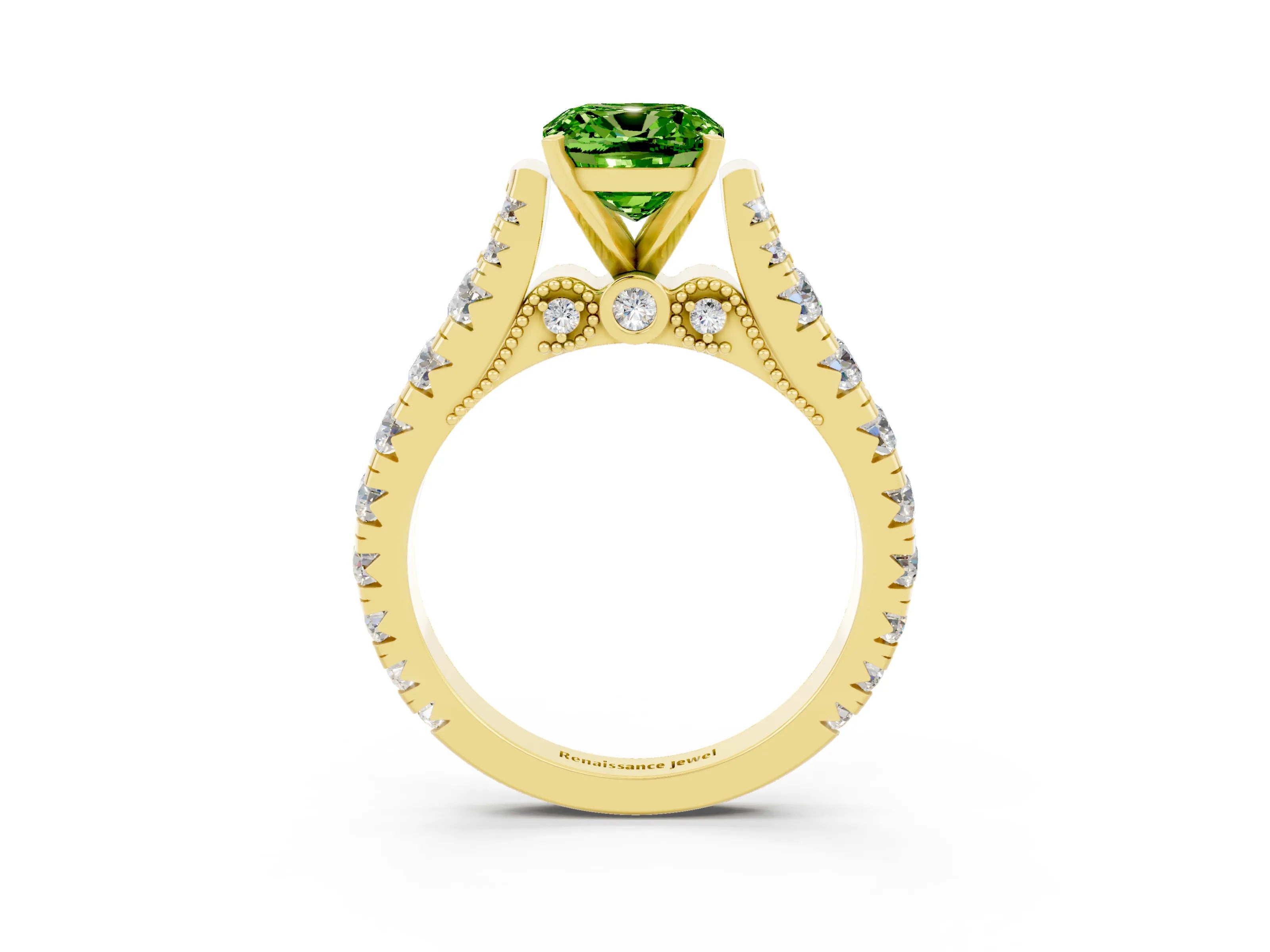 Yellow gold Cushion Cut Peridot Classic Solitaire Ring with Pavé Band and Four-Prong Setting_3