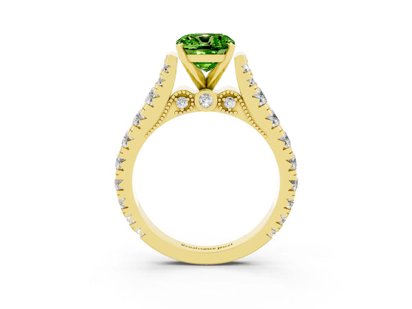 Yellow gold Cushion Cut Peridot Classic Solitaire Ring with Pavé Band and Four-Prong Setting