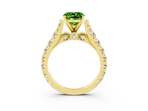 Yellow gold Cushion Cut Peridot Classic Solitaire Ring with Pavé Band and Four-Prong Setting_3
