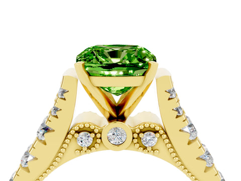 Yellow gold Cushion Cut Peridot Classic Solitaire Ring with Pavé Band and Four-Prong Setting_4